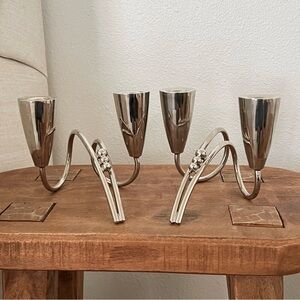 SOLD || Pair of modernist double taper fluted silver candle holders